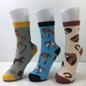 Womens Crew Socks Set 3 Horse Themed "Born to Ride" Gray Blue Cream Brown Yellow